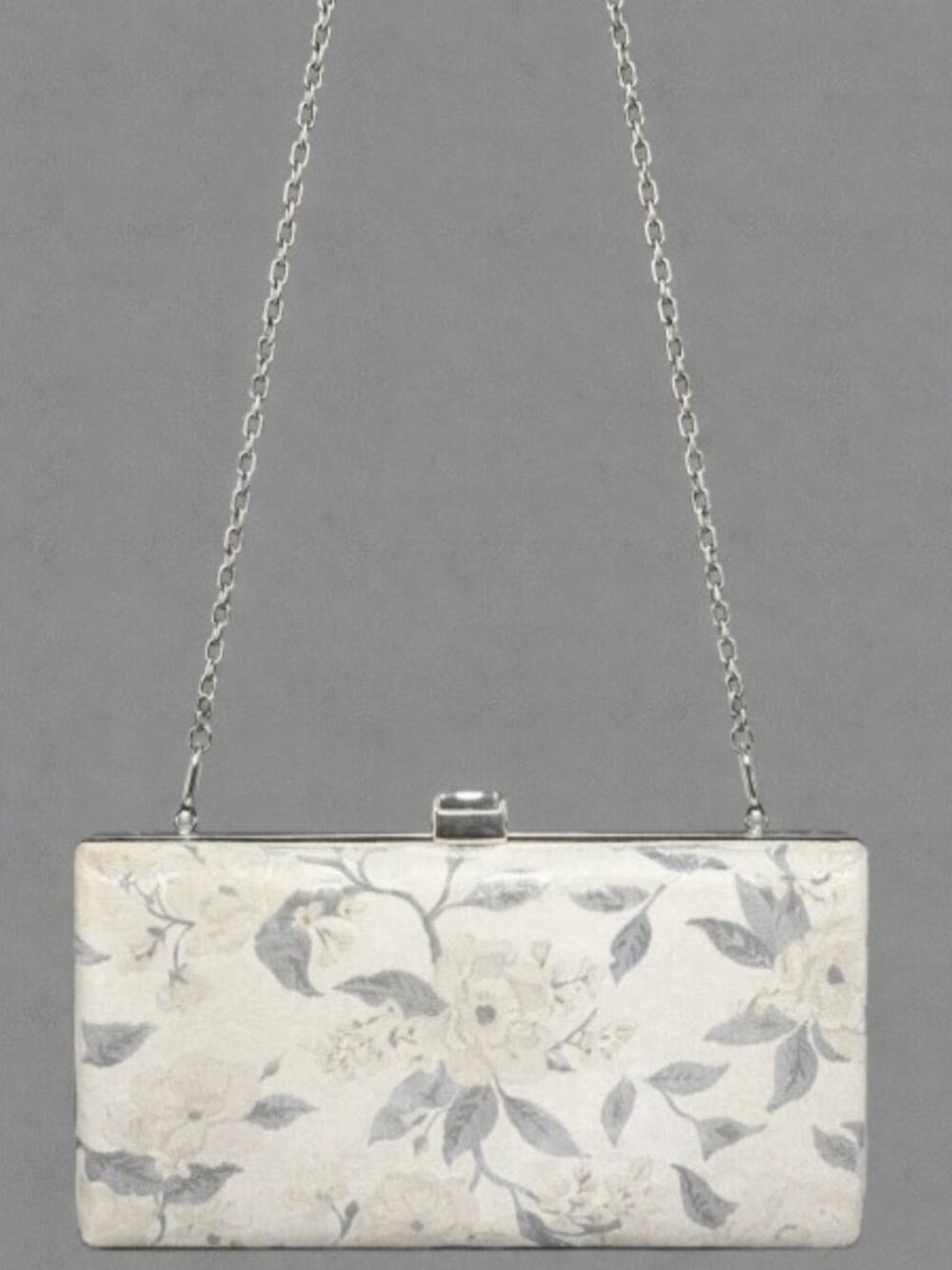 La Regale Floral Brocade Box Clutch Evening Bag Silver Chain Crystal Clasp Purse